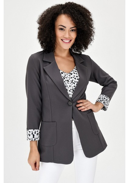 Yakalı Cepli Uzun Kol Kolu İsterse Katlanabilen Pamuklu Kumaş Blazer Ofis Ceket-Antrasit