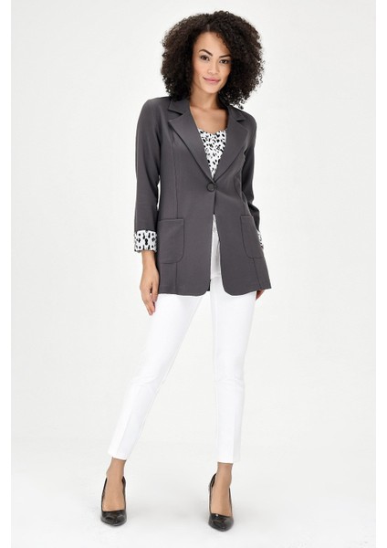 Yakalı Cepli Uzun Kol Kolu İsterse Katlanabilen Pamuklu Kumaş Blazer Ofis Ceket-Antrasit fiyatları