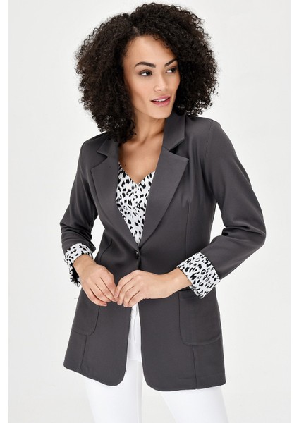 Yakalı Cepli Uzun Kol Kolu İsterse Katlanabilen Pamuklu Kumaş Blazer Ofis Ceket-Antrasit modelleri