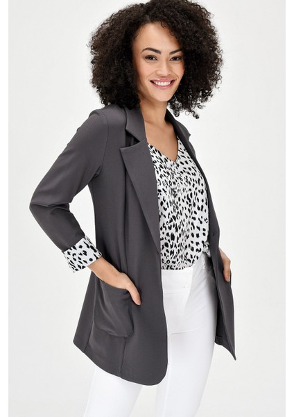 Yakalı Cepli Uzun Kol Kolu İsterse Katlanabilen Pamuklu Kumaş Blazer Ofis Ceket-Antrasit fırsatları