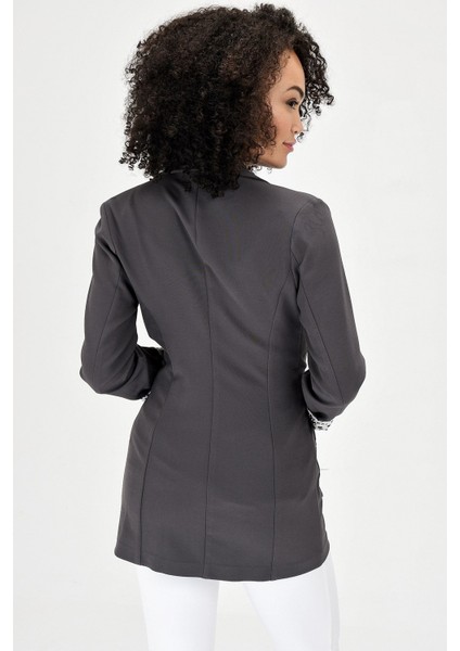 Yakalı Cepli Uzun Kol Kolu İsterse Katlanabilen Pamuklu Kumaş Blazer Ofis Ceket-Antrasit indirimleri