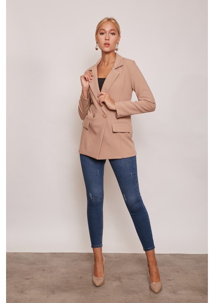 Blazer Düğmeli Uzun Kol Şık Süs Cepli Ofis Ceket-Camel fırsatları