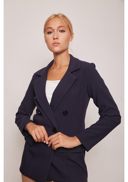 Blazer Düğmeli Uzun Kol Şık Süs Cepli Ofis Ceket-Lacivert modelleri