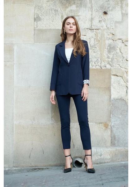 Yakalı Cepli Uzun Kol Katlamalı Blazer Kumaş Ceket-Lacivert