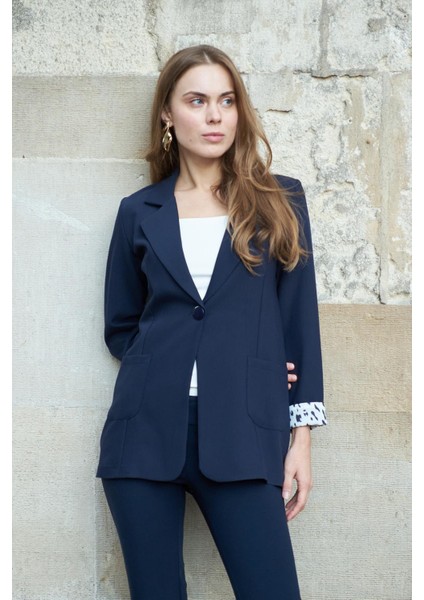 Yakalı Cepli Uzun Kol Katlamalı Blazer Kumaş Ceket-Lacivert fiyatları