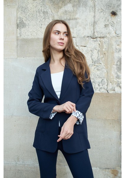 Yakalı Cepli Uzun Kol Katlamalı Blazer Kumaş Ceket-Lacivert modelleri