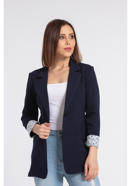 Yakalı Cepli Uzun Kol Katlamalı Blazer Kumaş Ceket-Lacivert indirimleri