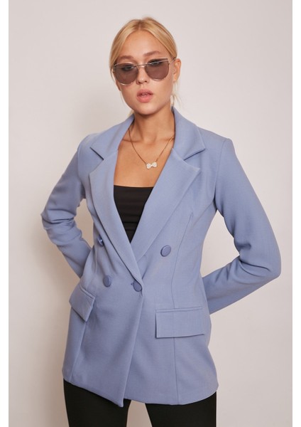 Blazer Düğmeli Uzun Kol Şık Süs Cepli Ofis Ceket-Dirty Blue fiyatları