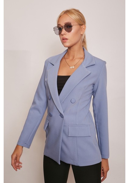 Blazer Düğmeli Uzun Kol Şık Süs Cepli Ofis Ceket-Dirty Blue fırsatları