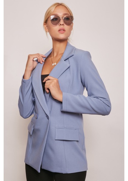Blazer Düğmeli Uzun Kol Şık Süs Cepli Ofis Ceket-Dirty Blue indirimleri