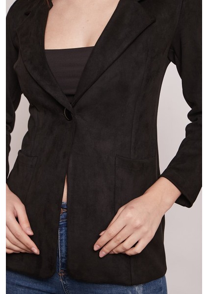 Süet Kumaş Cep Detaylı Düğmeli Şık Blazer Ceket-Siyah indirimleri