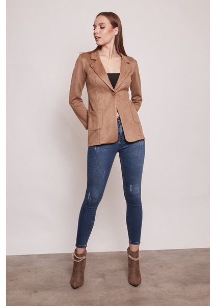 Süet Kumaş Cep Detaylı Düğmeli Şık Blazer Ceket-Camel fiyatları