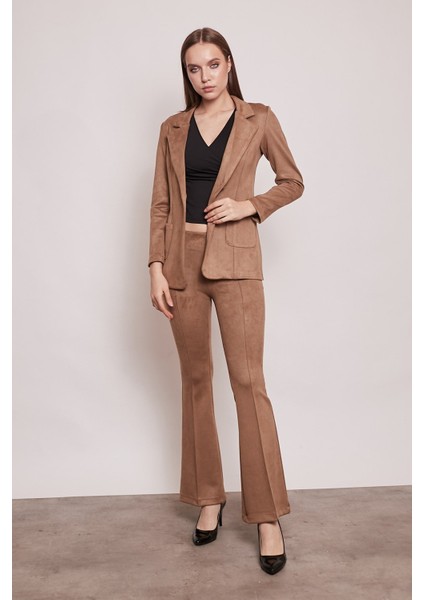 Süet Kumaş Cep Detaylı Düğmeli Şık Blazer Ceket-Camel modelleri