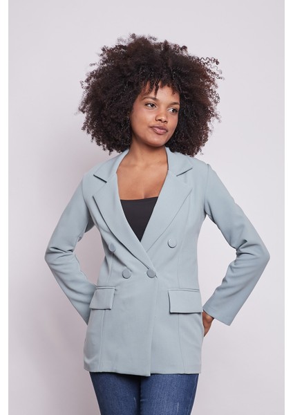 Kadın Düğme Detaylı Uzun Kol Şık Ofis Süs Cep Kapaklı Kumaş Blazer Ceket-Mint fiyatları