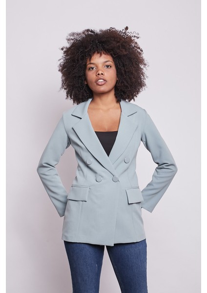 Kadın Düğme Detaylı Uzun Kol Şık Ofis Süs Cep Kapaklı Kumaş Blazer Ceket-Mint modelleri