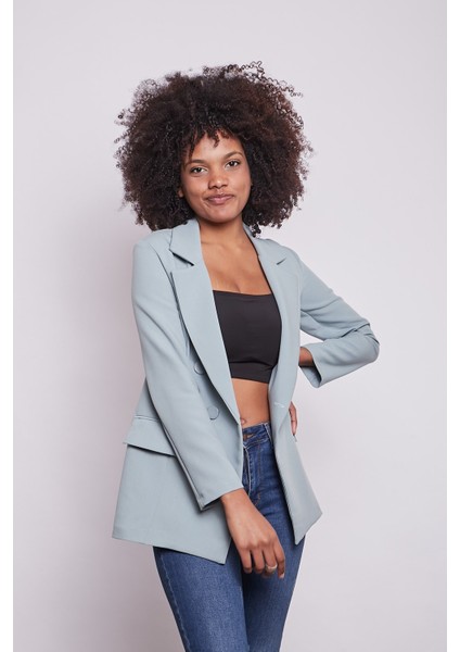 Kadın Düğme Detaylı Uzun Kol Şık Ofis Süs Cep Kapaklı Kumaş Blazer Ceket-Mint indirimleri
