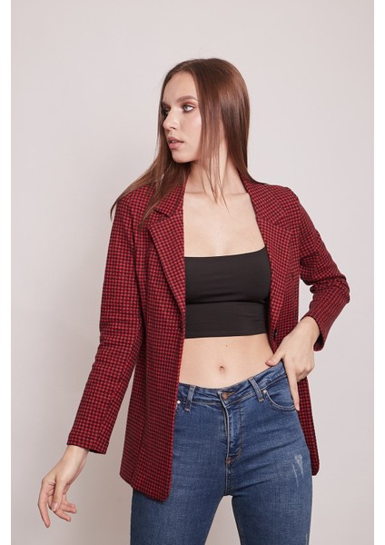 Ekose Desenli Yakalı Uzun Kol Tek Düğme Yünlü Kumaş Blazer Ceket-Kırmızı Pöti Kare modelleri