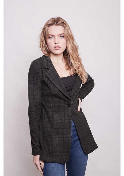 Ekose Desenli Yakalı Uzun Kol Tek Düğme Yünlü Kumaş Blazer Ceket-Haki Desen modelleri