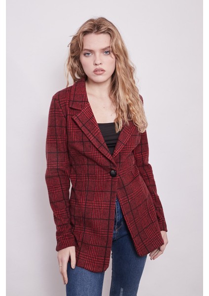 Ekose Desenli Yakalı Uzun Kol Tek Düğme Yünlü Kumaş Blazer Ceket-Bordo Ekose fiyatları