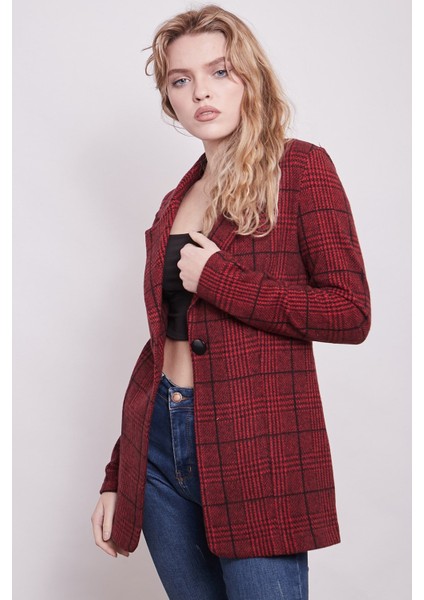 Ekose Desenli Yakalı Uzun Kol Tek Düğme Yünlü Kumaş Blazer Ceket-Bordo Ekose modelleri