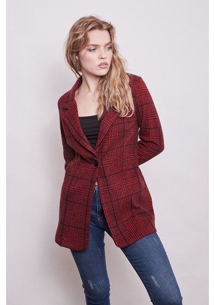 Ekose Desenli Yakalı Uzun Kol Tek Düğme Yünlü Kumaş Blazer Ceket-Bordo Ekose fırsatları