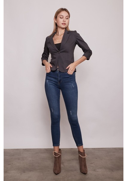 Yakalı Flato Cepli Capri Truvakar Kol Kısa Blazer Ceket-Antrasit modelleri