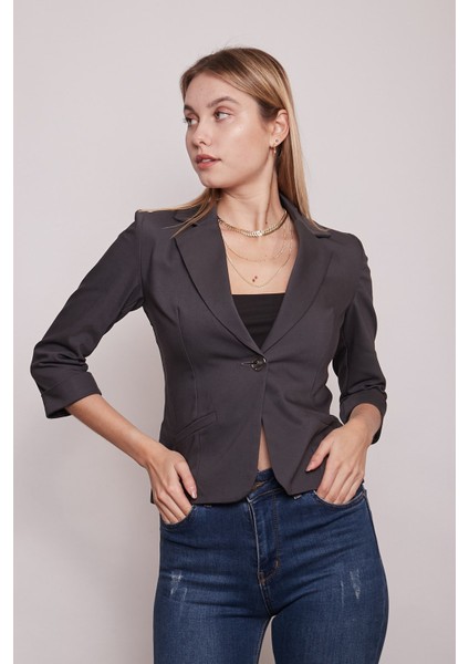 Yakalı Flato Cepli Capri Truvakar Kol Kısa Blazer Ceket-Antrasit fırsatları