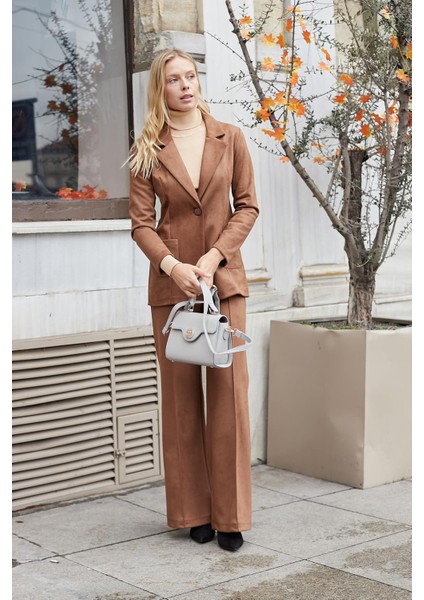Süet Kumaş Cep Detaylı Düğmeli Şık Blazer Ceket-Taba