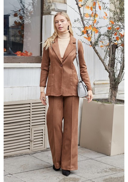 Süet Kumaş Cep Detaylı Düğmeli Şık Blazer Ceket-Taba fiyatları