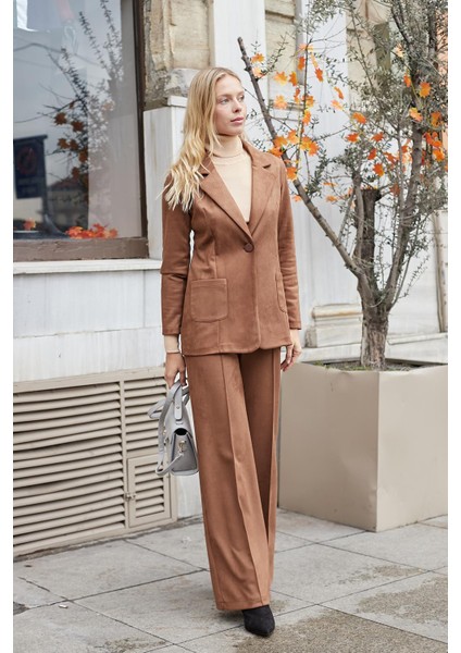 Süet Kumaş Cep Detaylı Düğmeli Şık Blazer Ceket-Taba modelleri