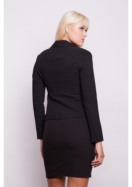 Yakalı Flato Cepli Uzun Kol Pamuklu Kumaş Kısa Blazer Ofis Ceket-Siyah indirimleri