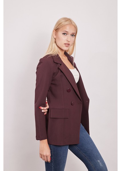 Kadın Düğme Detaylı Uzun Kol Şık Ofis Süs Cep Kapaklı Kumaş Blazer Ceket-Mürdüm indirimleri