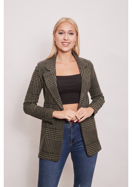Ekose Desenli Yakalı Uzun Kol Tek Düğme Yünlü Kumaş Kışlık Blazer Ceket-Haki