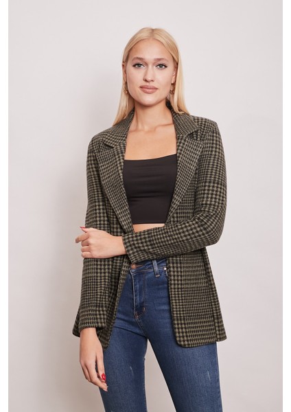 Ekose Desenli Yakalı Uzun Kol Tek Düğme Yünlü Kumaş Kışlık Blazer Ceket-Haki modelleri