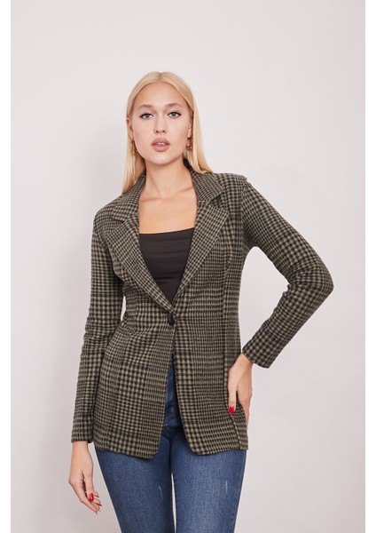 Ekose Desenli Yakalı Uzun Kol Tek Düğme Yünlü Kumaş Kışlık Blazer Ceket-Haki fırsatları