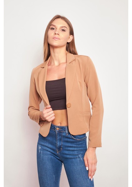 Yakalı Flato Cepli Uzun Kol Pamuklu Kumaş Kısa Blazer Ofis Ceket-Camel fiyatları