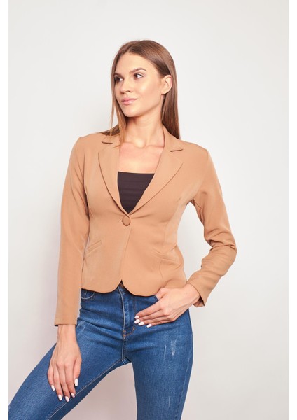 Yakalı Flato Cepli Uzun Kol Pamuklu Kumaş Kısa Blazer Ofis Ceket-Camel modelleri