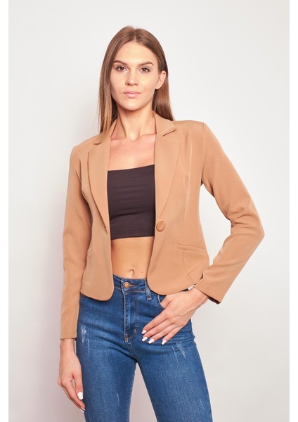 Yakalı Flato Cepli Uzun Kol Pamuklu Kumaş Kısa Blazer Ofis Ceket-Camel indirimleri