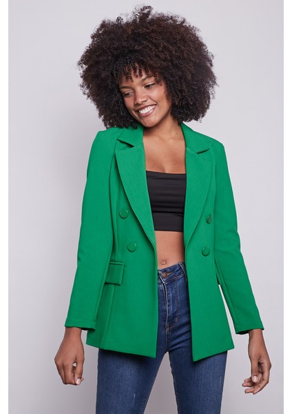 Kadın Düğme Detaylı Uzun Kol Şık Ofis Süs Cep Kapaklı Kumaş Blazer Ceket-Benetton Yeşil modelleri
