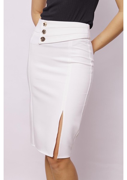 Kadın Yüksek Bel Gold Metal Düğme Detaylı Önden Yırtmaçlı Diz Altı Hafif Likralı Kumaş Kalem Etek-Krem modelleri