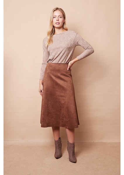 Hafif Likralı Süet Kumaş Yüksek Bel Kiloş Uzun Etek