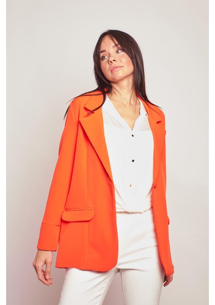 Yakalı Kolu Katlamalı Cep Kapaklı Salaş Boyfriend Oversize Hafif Likralı Kumaş Blazer Ceket-Koyu Oranj modelleri