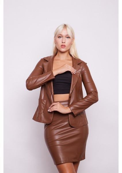 Ekolojik Suni Deri Yakalı Uzun Kol Cepli Blazer Ceket-Taba