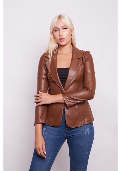 Ekolojik Suni Deri Yakalı Uzun Kol Cepli Blazer Ceket-Taba