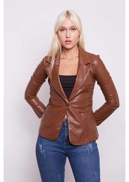 Ekolojik Suni Deri Yakalı Uzun Kol Cepli Blazer Ceket-Taba
