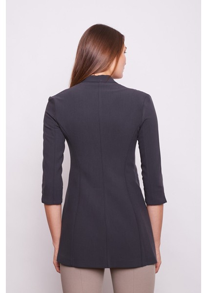 Hakim Yaka Flato Cepli Kolu Yırtmaçlı Uzun Blazer Pamuklu Likralı Kumaş Ceket -Antrasit fiyatları