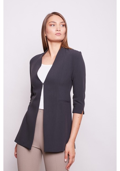 Hakim Yaka Flato Cepli Kolu Yırtmaçlı Uzun Blazer Pamuklu Likralı Kumaş Ceket -Antrasit modelleri