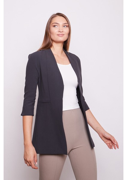 Hakim Yaka Flato Cepli Kolu Yırtmaçlı Uzun Blazer Pamuklu Likralı Kumaş Ceket -Antrasit fırsatları