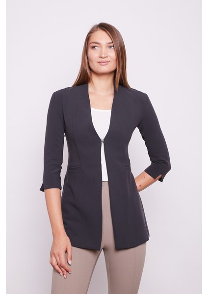 Hakim Yaka Flato Cepli Kolu Yırtmaçlı Uzun Blazer Pamuklu Likralı Kumaş Ceket -Antrasit indirimleri