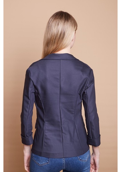 Yakalı Cep Kapaklı Kolu Duble Kapri Truvakar Kol Tek Düğme Pamuklu Hafif Likralı Kumaş Blazer Ceket-Lacivert modelleri